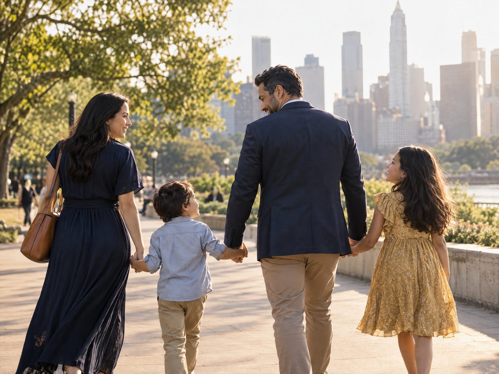 Familia diversa caminando junta en un parque urbano